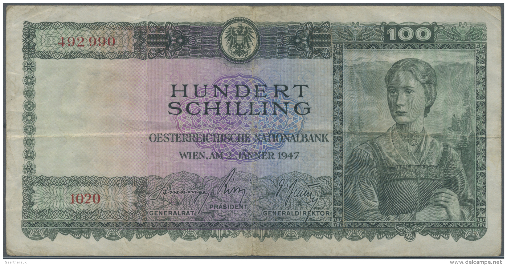 Austria / &Ouml;sterreich: 100 Schilling 1947, P.124, Seldom Offered Note With Several Folds, Slightly Stained Paper And - Autriche