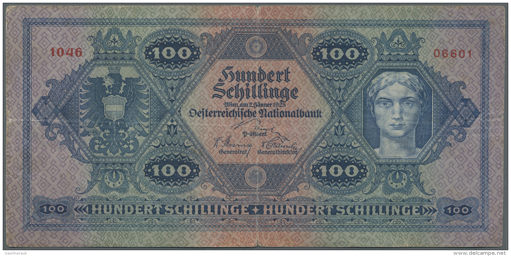 Austria / &Ouml;sterreich: 100 Schillinge 1925 P. 91, Rare Note, Used With Strong Center Fold, Center Hole, Border Tears - Austria