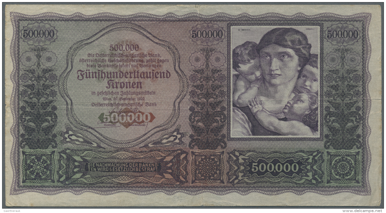 Austria / &Ouml;sterreich: 500.000 Kronen 1922 P. 84, Used With Several Folds And Creases, Stronger Center Fold, Minor B - Autriche
