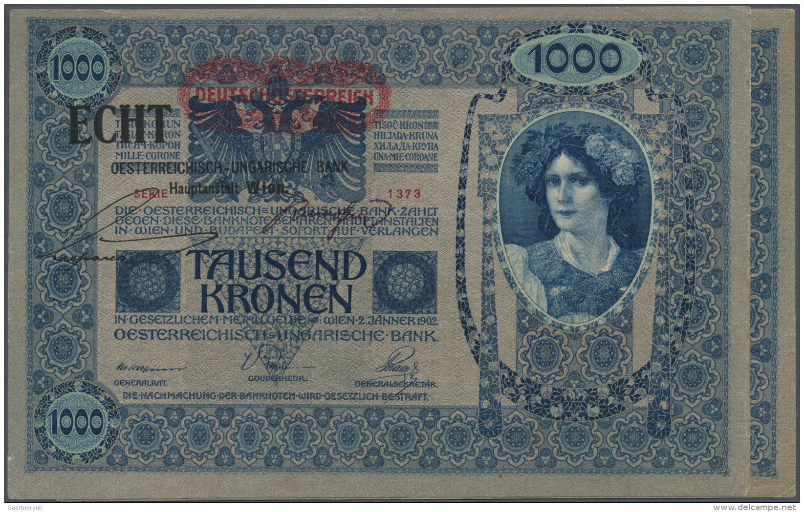 Austria / &Ouml;sterreich: Set Of 2 Notes 1000 Kronen 1902 (1919) With Additional Stamp "ECHT" (genuine) - "Oesterreichi - Autriche