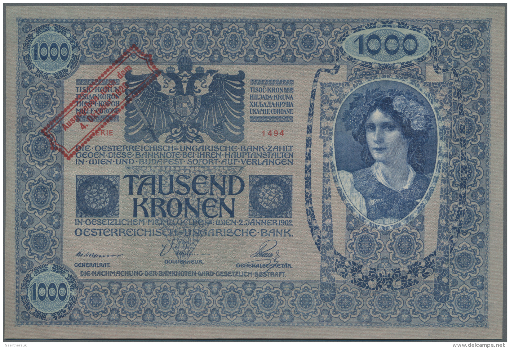 Austria / &Ouml;sterreich: 1000 Kronen 1920 (old Date 1902) P. 48 With Additional Stamp At Upper Left "Ausgegeben Nach D - Austria