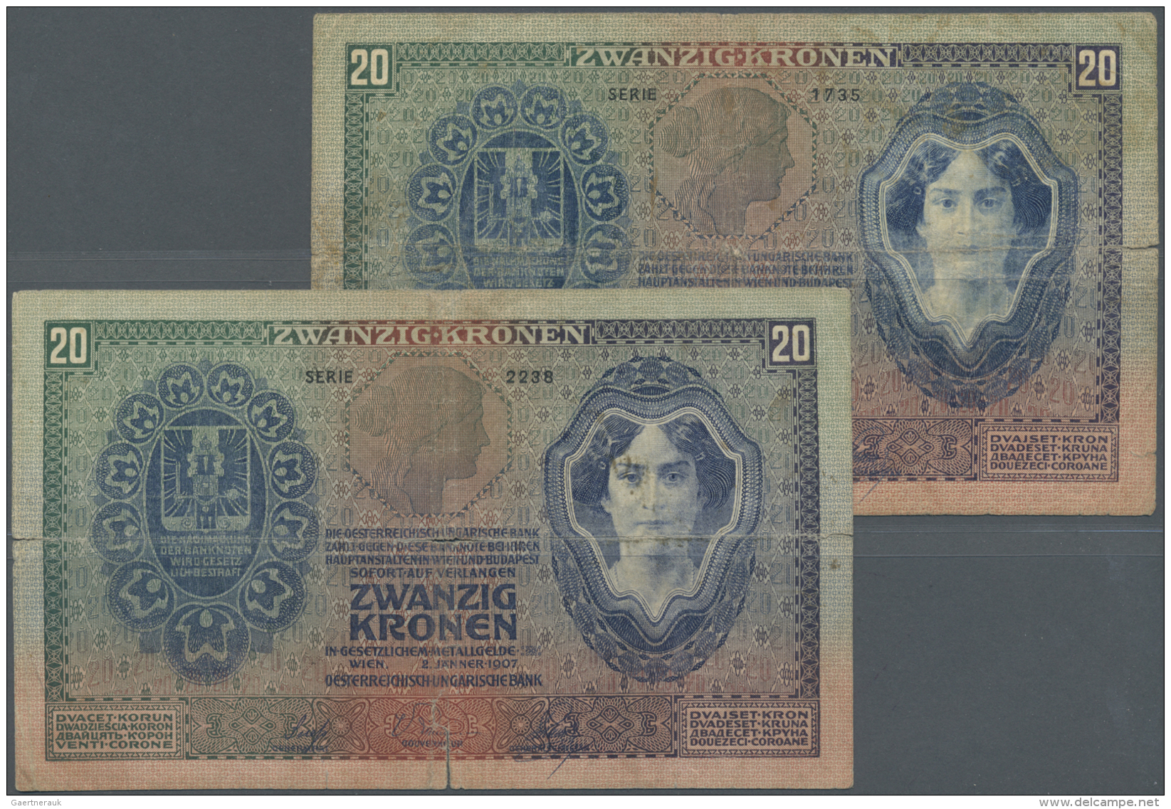 Austria / &Ouml;sterreich: Pair Of The 20 Kronen 1907, P.10, Both Notes In Well Worn Condition With Many Folds And Creas - Autriche