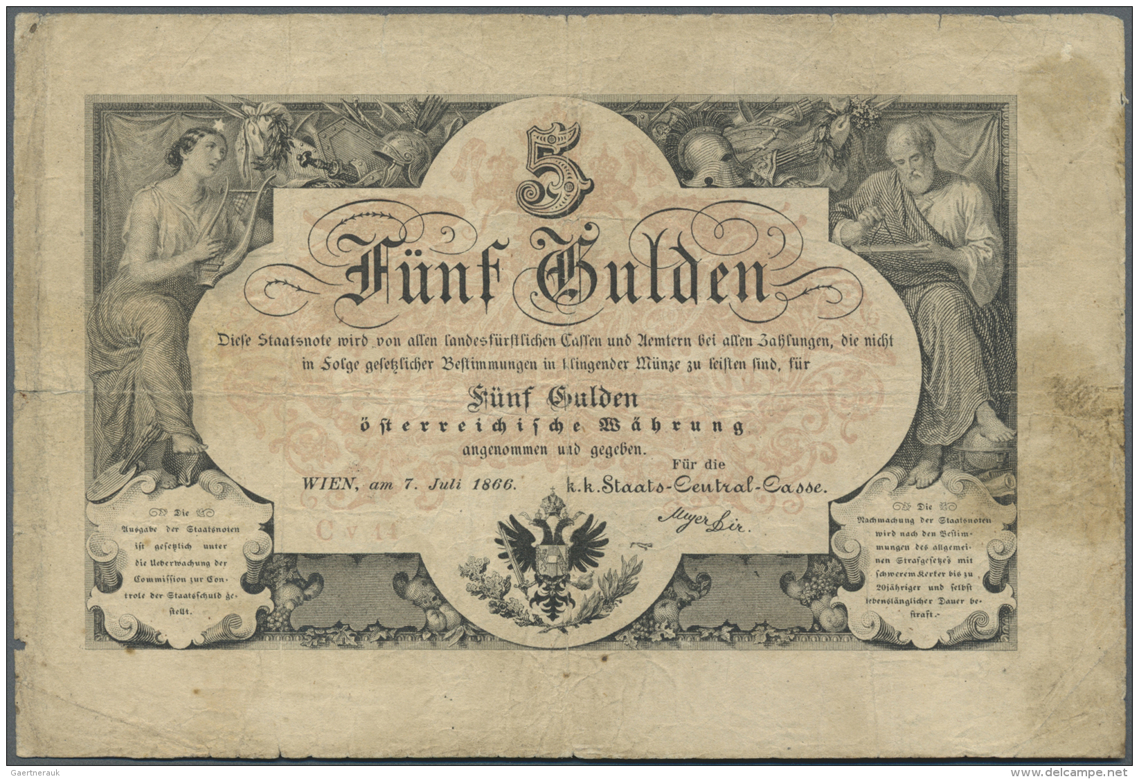 Austria / &Ouml;sterreich: 5 Gulden 1866 P. A151b, Used With Folds, Creases, Stained Paper, Border Tears And Probably Pr - Autriche