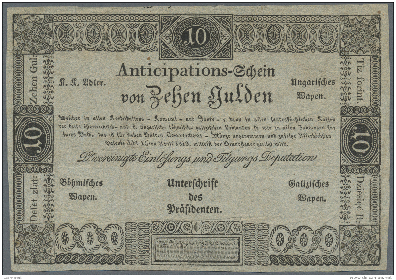 Austria / &Ouml;sterreich: Formular For 10 Gulden 1813, P.A52, Nice Used Condition With Several Folds, Stains And Slight - Austria