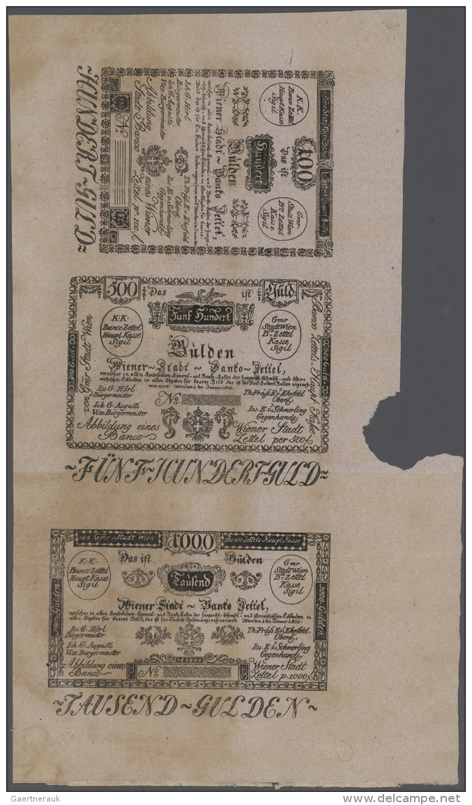 Austria / &Ouml;sterreich: Uncut Sheet Of 7 FORMULAR Notes 5, 10, 25, 50, 100, 500 And 1000 Gulden 1800 P. A31-A37, All - Autriche