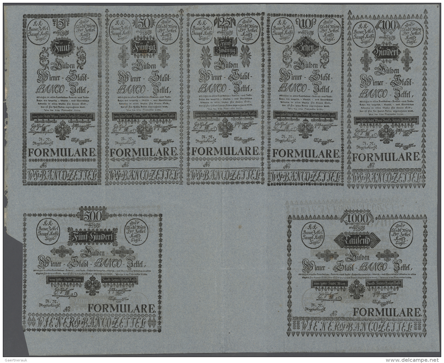 Austria / &Ouml;sterreich: Uncut Sheet Of 7 FORMULAR Notes Containing 5, 10, 25, 50, 100, 500 And 1000 Gulden 1784 Unifa - Austria