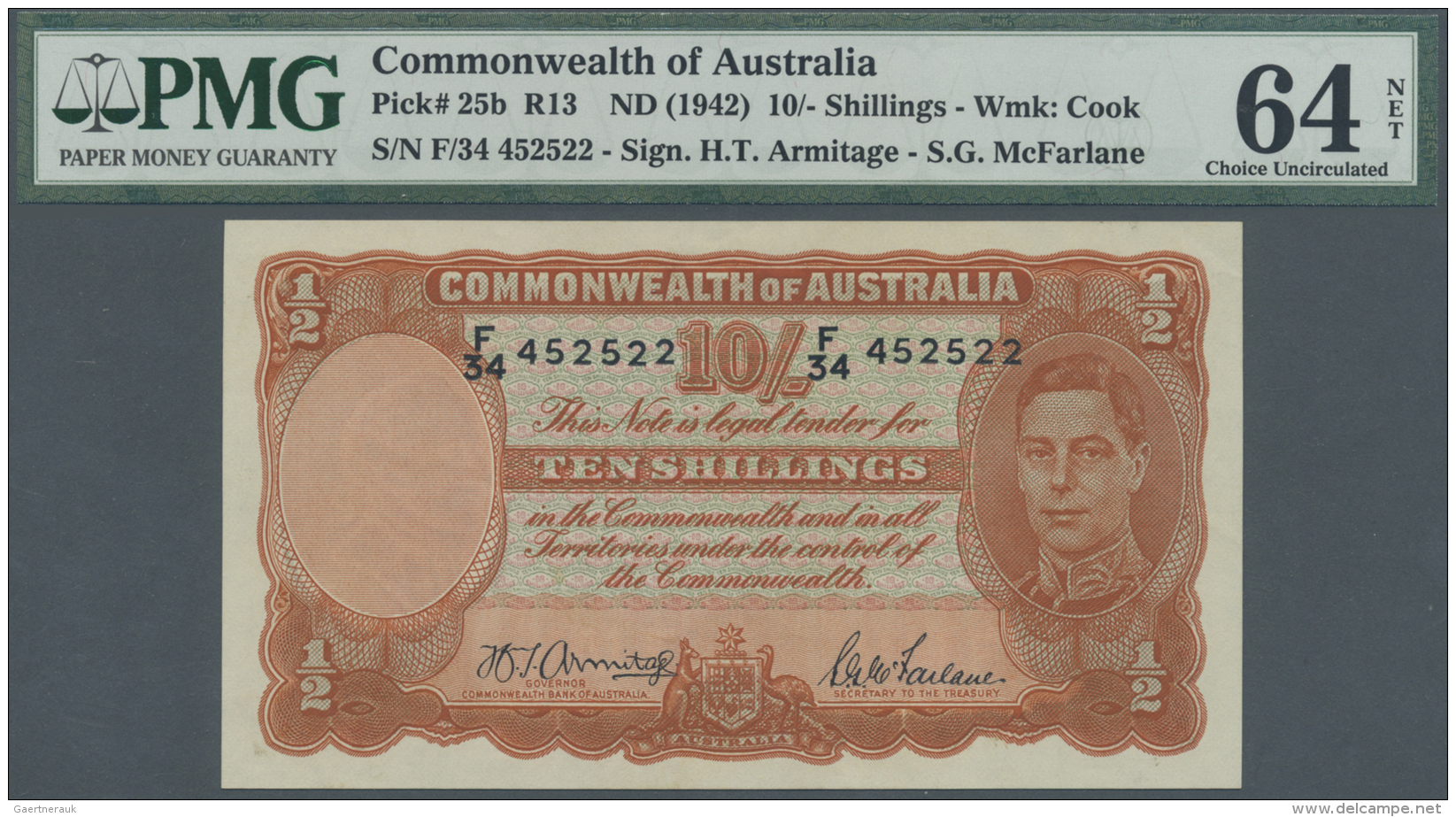 Australia / Australien: 10 Shillings ND(1942) P. 25b, Condition: PMG64 Choice UNC NET (previously Mounted). - Altri & Non Classificati