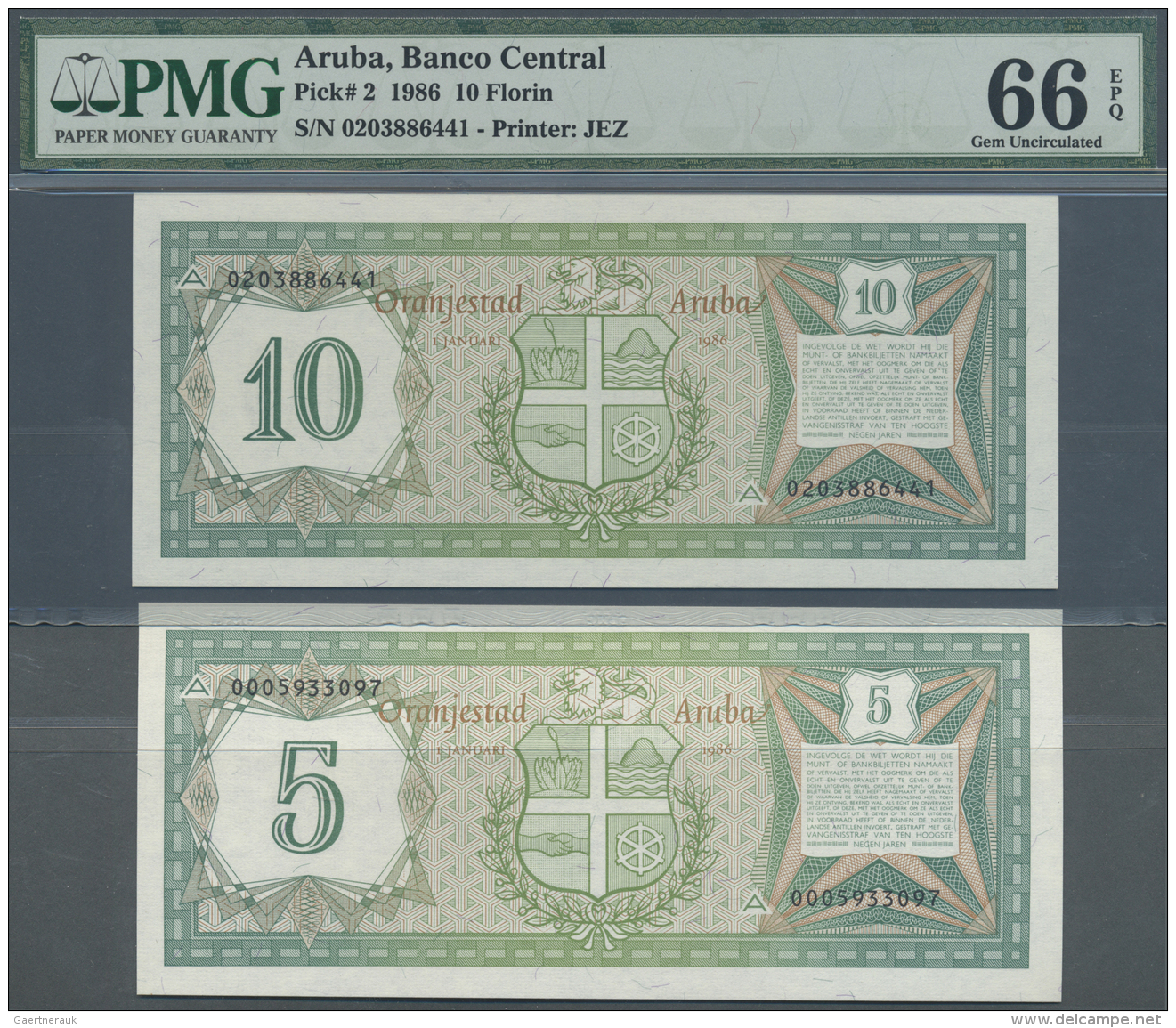 Aruba: Aruba: Set Of 2 Notes 5 And 10 Florin 1986 P. 1 &amp; P. 2, The 5 Florin In Condition UNC, The 10 Florin As PMG G - Aruba (1986-...)