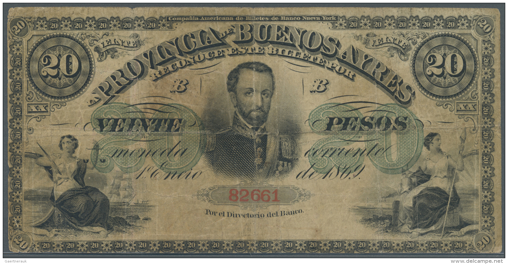 Argentina / Argentinien: Provincia De Buenos Ayres 20 Pesos L.1869 P. S487, Minor Center Hole, Several Folds, Stained Pa - Argentine