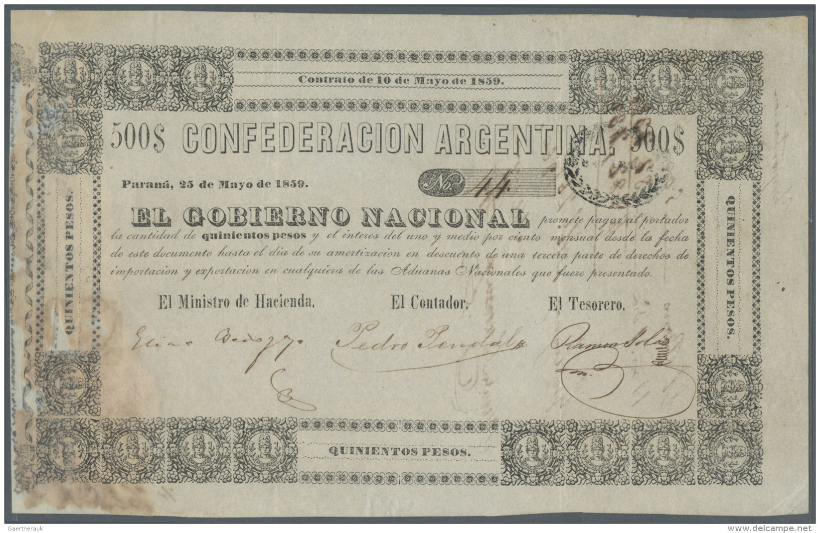Argentina / Argentinien: Confederatcion Argentina 500 Pesos 1859 P. S206, Vertical Folds, Larger Damage Repaired At Left - Argentina