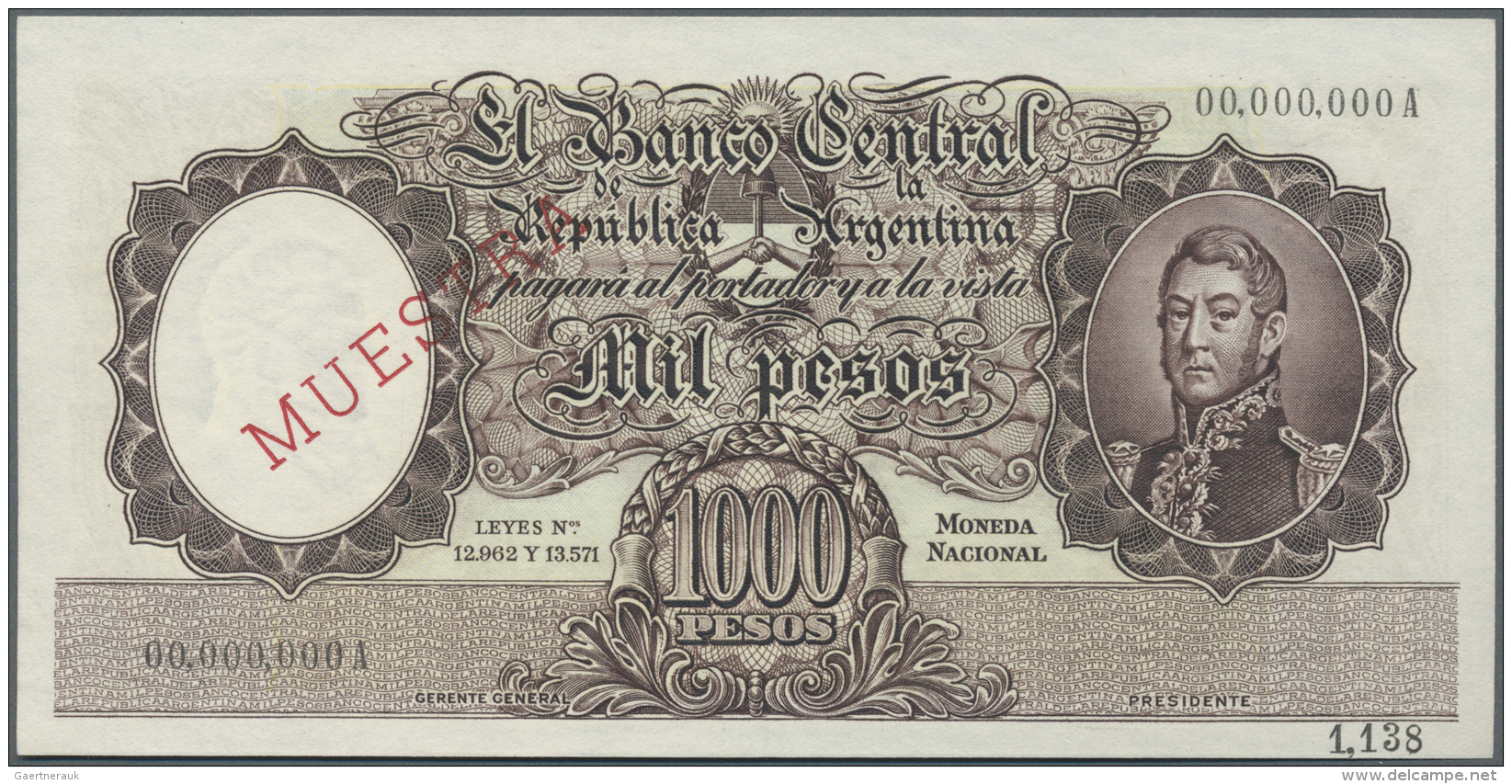 Argentina / Argentinien: 1000 Pesos 1935 Specimen P. 273s With Muestra Overperint And Perforation, Zero Serial Numbers, - Argentine