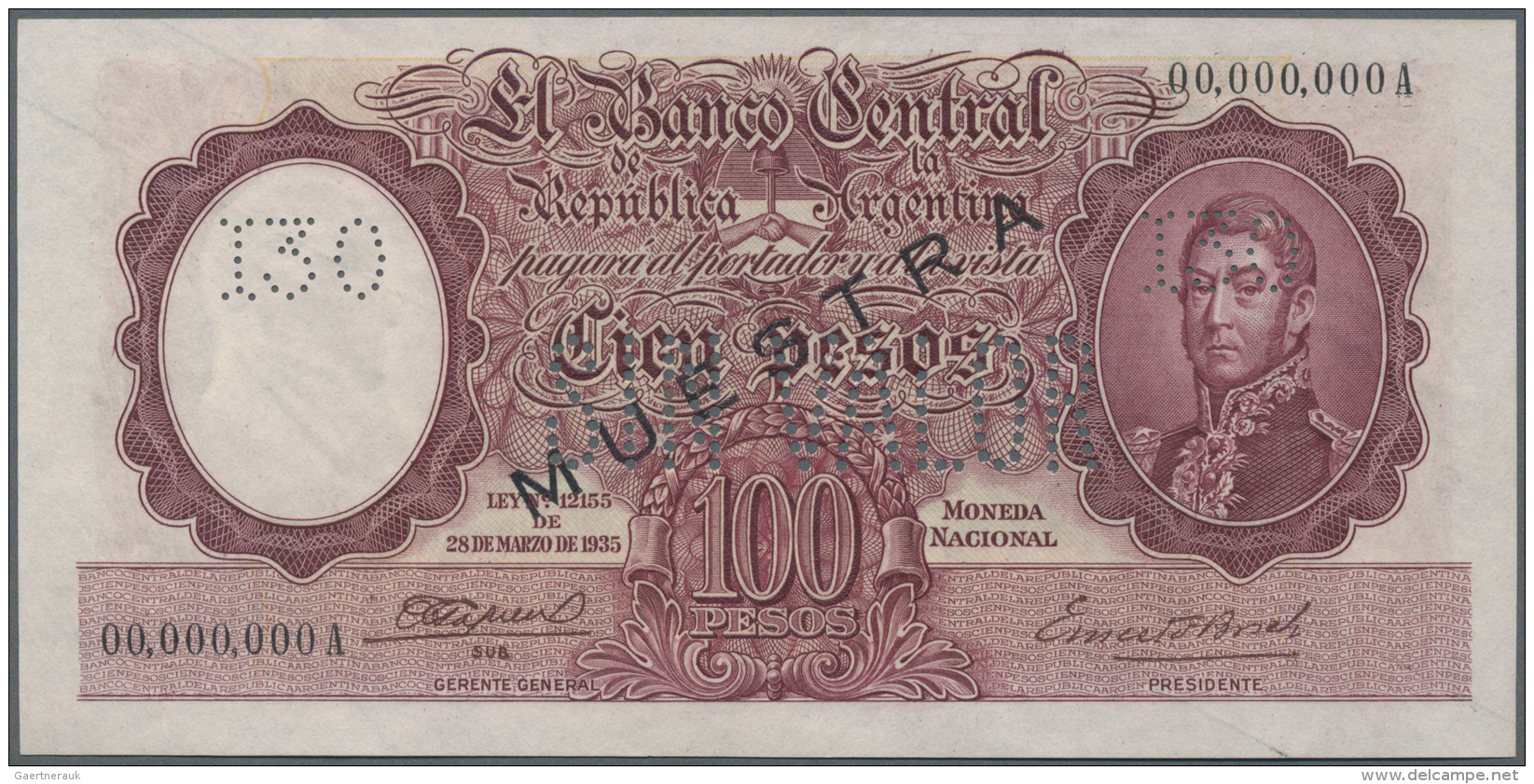 Argentina / Argentinien: 100 Pesos 1935 Specimen P. 267s With Muestra Overperint And Perforation, Zero Serial Numbers, L - Argentina