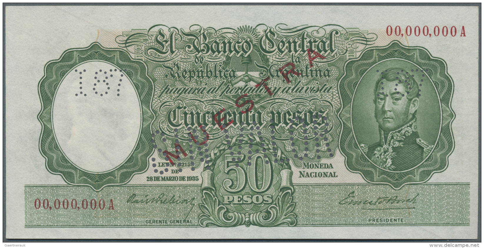 Argentina / Argentinien: 50 Pesos 1935 Specimen P. 26s With Muestra Overperint And Perforation, Zero Serial Numbers, Con - Argentina