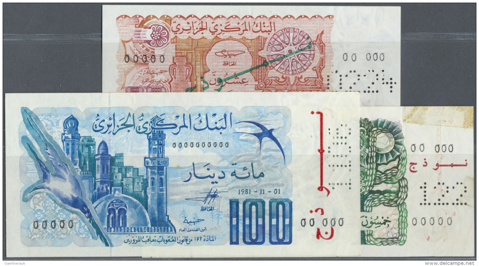 Algeria / Algerien: Set Of 3 SPECIMEN Notes Containing 20 Dinars 1983 Specimen, 50 Dinars 1977 Specimen And 100 Dinars 1 - Algérie