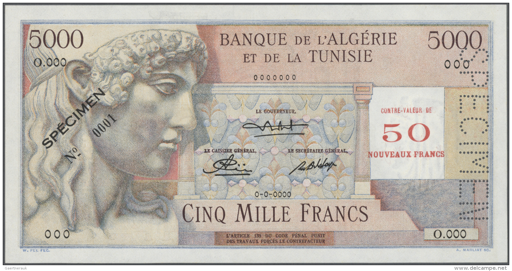 Algeria / Algerien: 50 Nouveaux Francs Overprint On 5000 Francs With Perforation "SPECIMEN" At Right Border And Specimen - Algérie