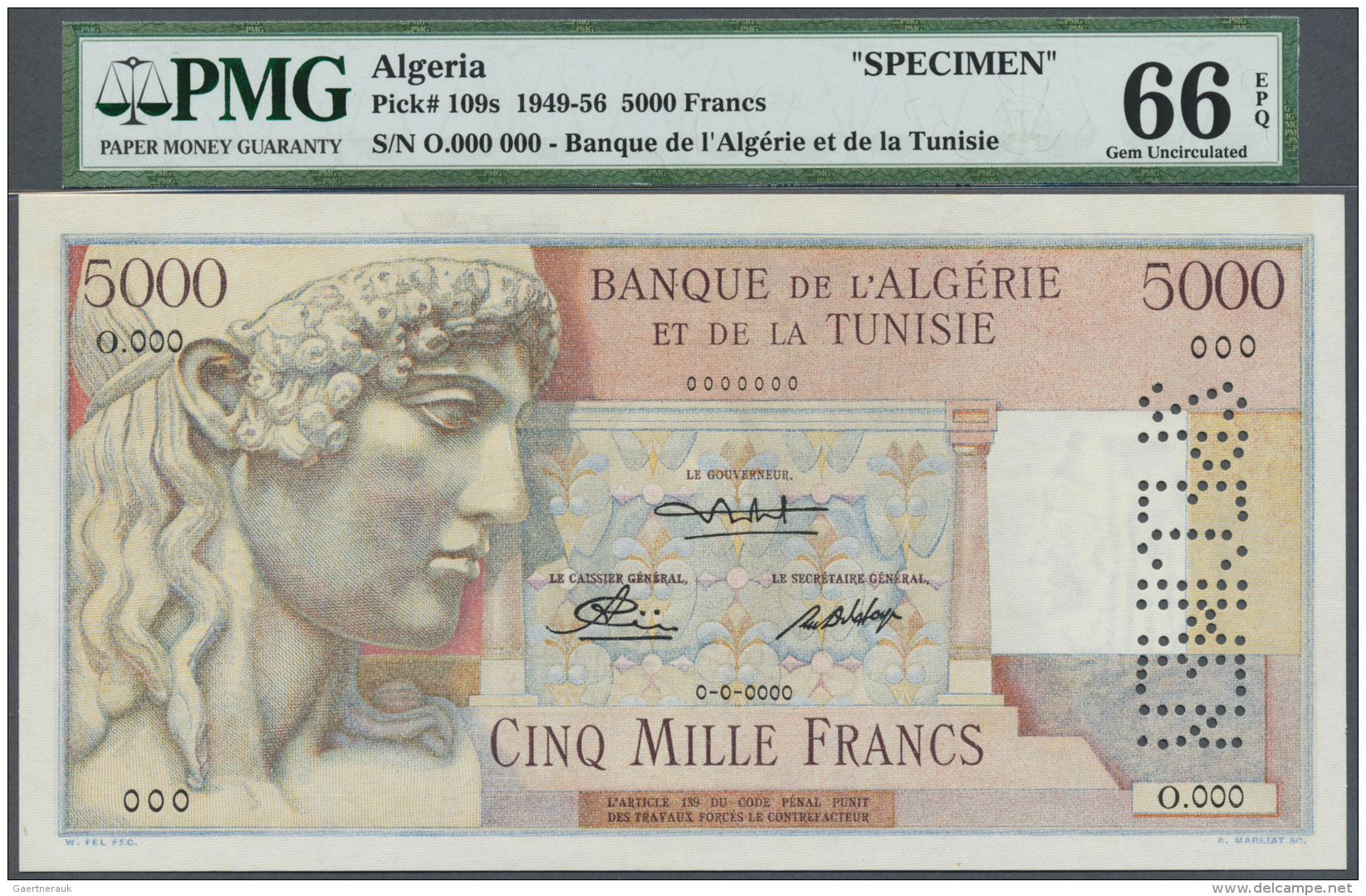 Algeria / Algerien: 5000 Francs ND(1949-56) Specimen P. 109s, Highly Rare Item With Zero Serial Numbers And Specimen Per - Algeria