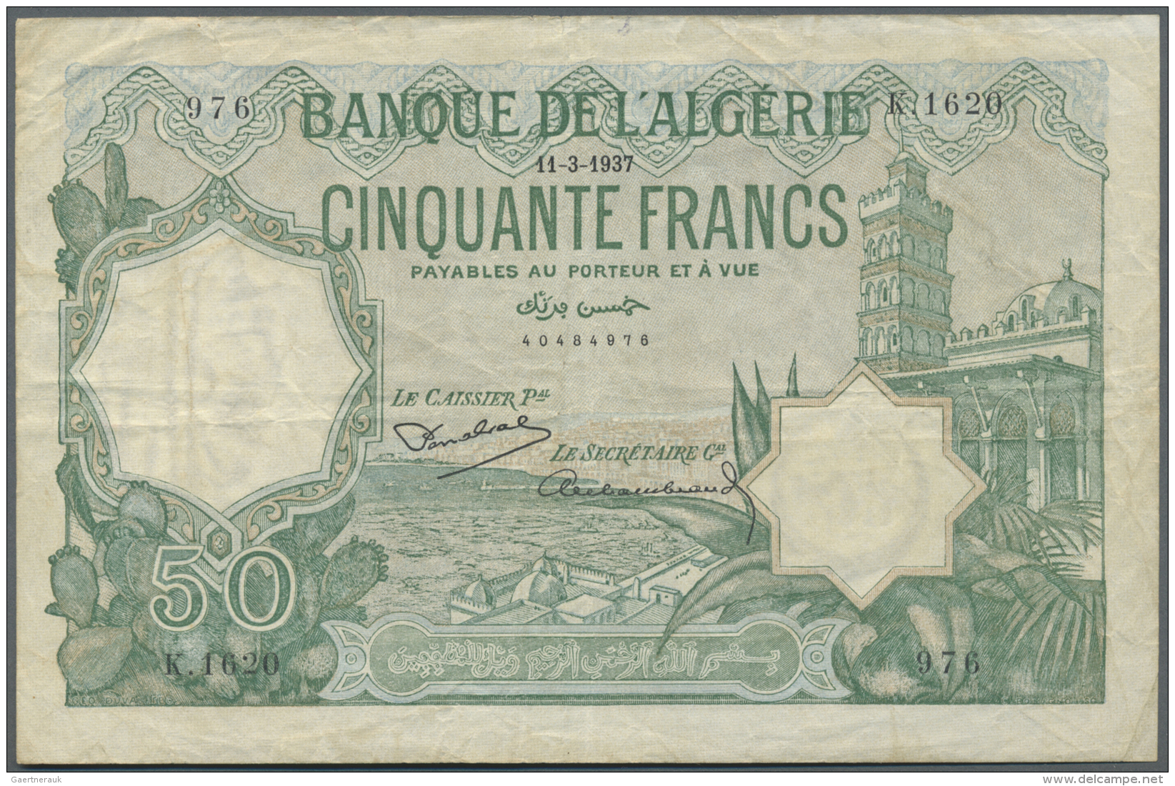 Algeria / Algerien: 50 France 1937 P. 80a, Used With Folds And Creases, Minor Border Tears, No Holes, Still Crispness In - Algérie