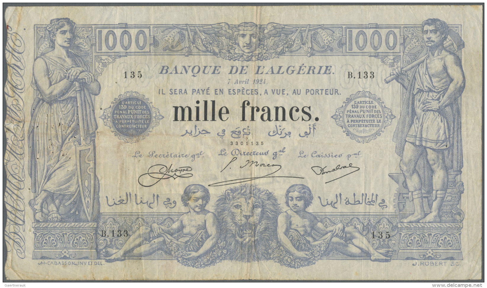 Algeria / Algerien: 1000 Francs 1924 P. 76, Used With Folds And Creases, Several Pinholes And Light Stain In Paper, Mino - Algérie