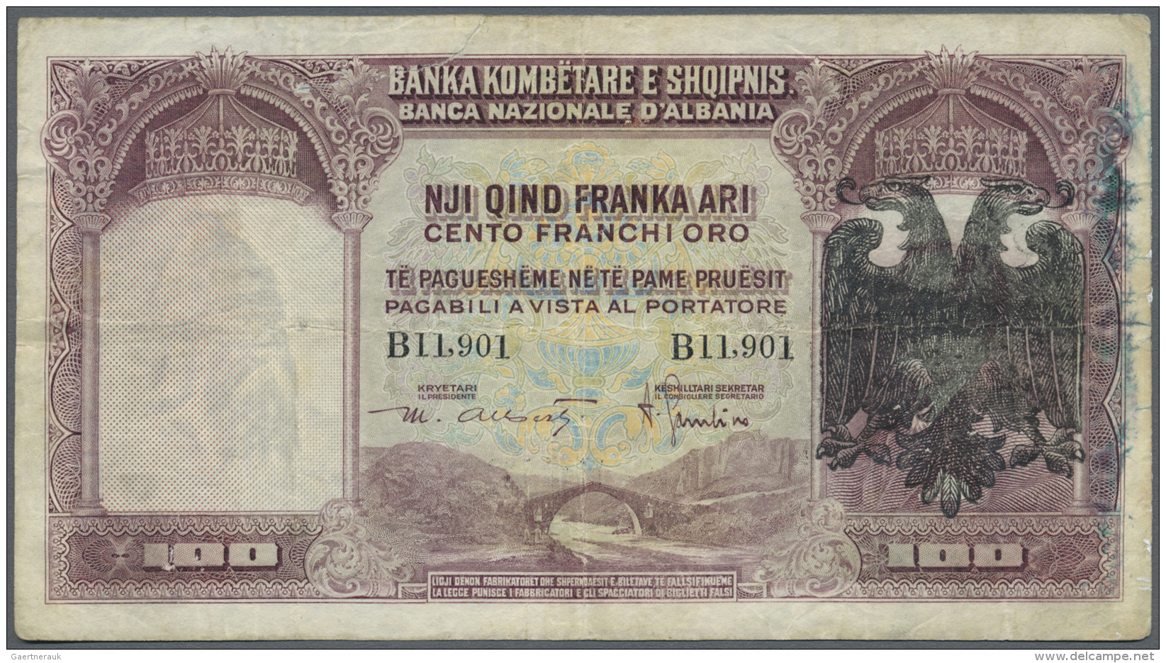 Albania / Albanien: 100 Franka Ari ND(1939), P.5, Highly Rare Note In Well Worn Condition With Repaired And Taped Part A - Albanie