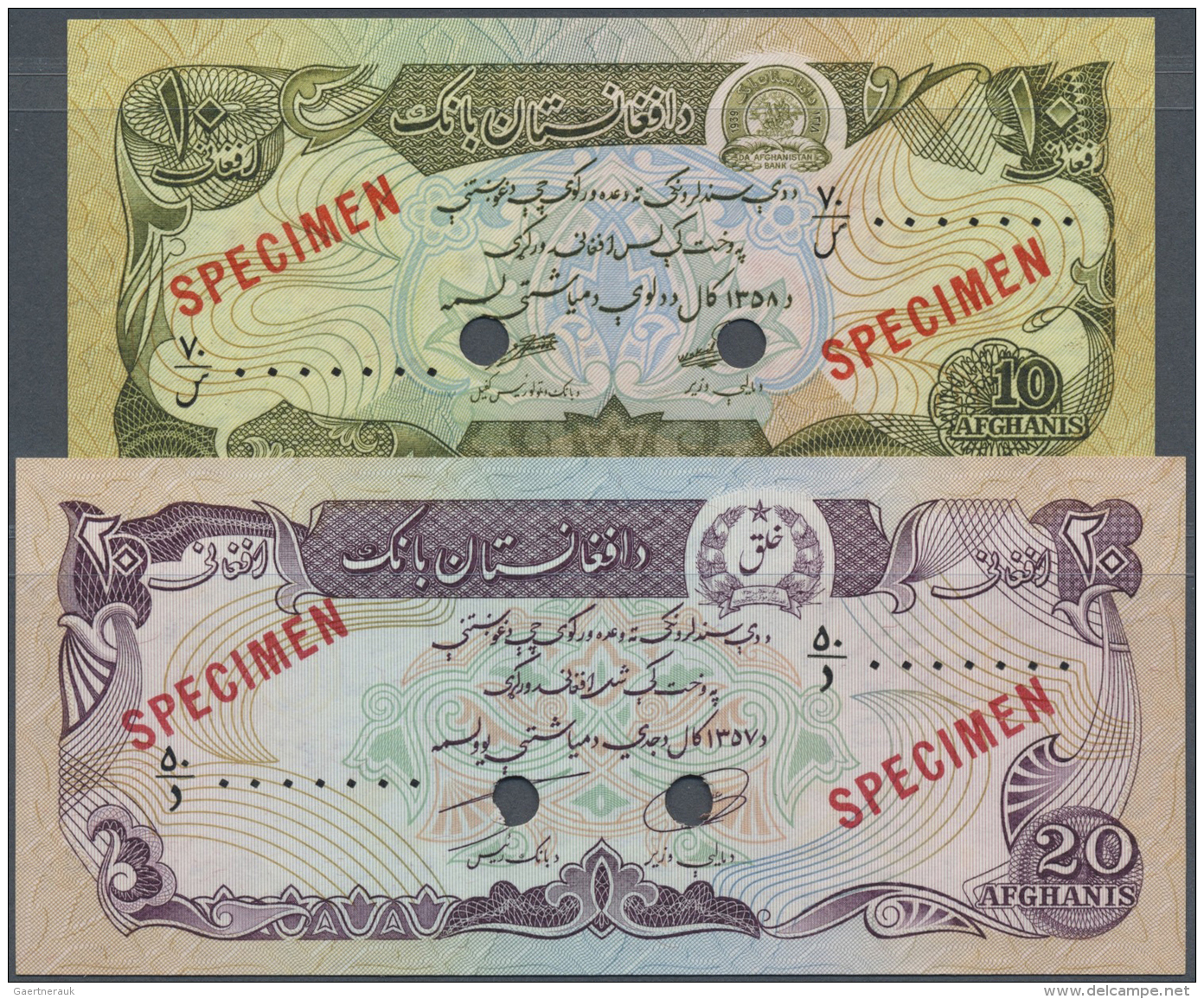 Afghanistan: Set Of 2 SPECIMEN Banknotes Containing 10 And 20 Afghanis ND P. 53As, 55s, Both In Condition: UNC. (2 Pcs) - Afghanistan