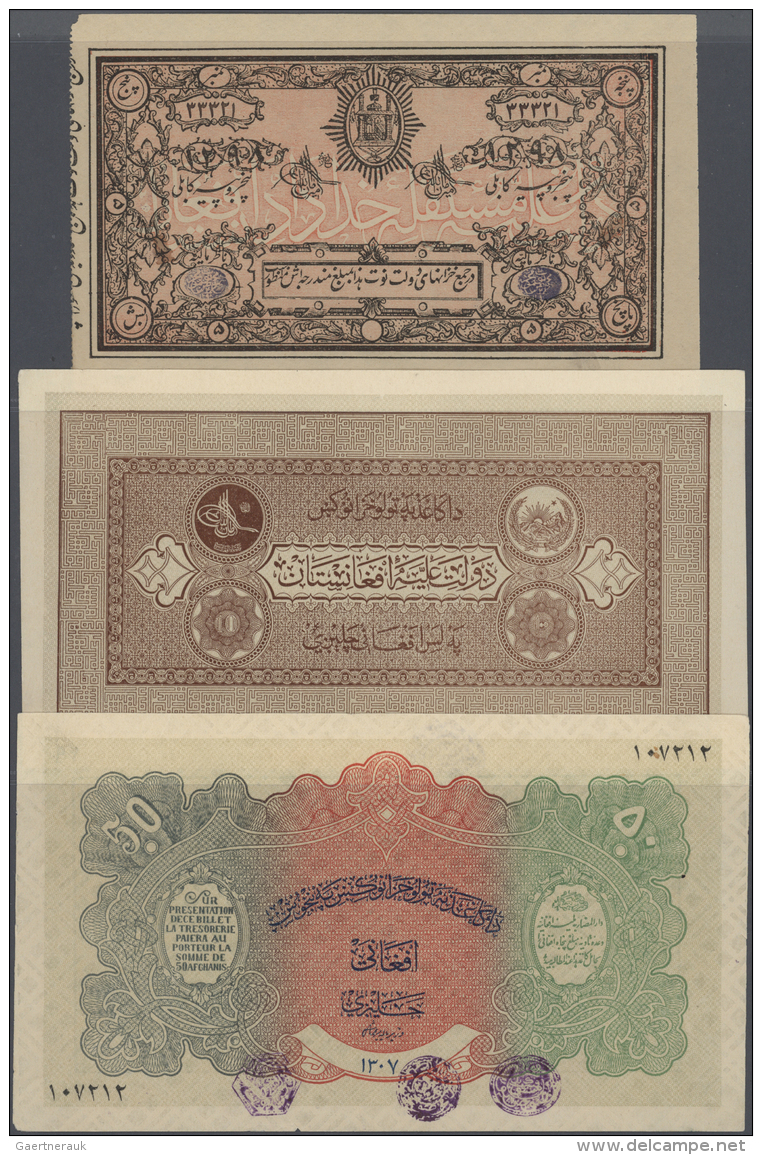 Afghanistan: Set With 3 Banknotes 5 Rupees SH 1298 &amp; 1299 (1919 &amp; 1920) P.2 In XF, 10 Afghanis  ND(1926-1928) P. - Afghanistan