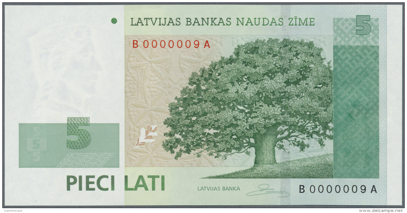 Latvia /Lettland: 5 Lati 2009 P. 53c, With Very Low Serial # B0000009A, Sign. Rimsevics, In Crisp Original Condition: UN - Lettonie