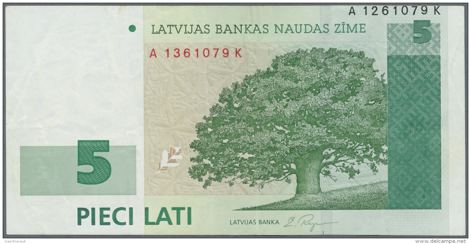 Latvia /Lettland: 5 Lati 1992 P. 49b With Error Printing, Black Serial Number Displaced At Upper Right On Front, Further - Lettonie