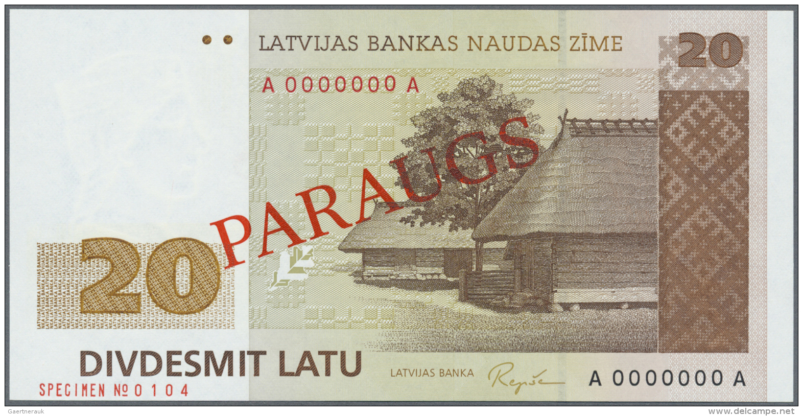 Latvia /Lettland: 20 Latu 1992 SPECIMEN P. 45s, Series A, Zero Serial Numbers, Sign. Repse In Condition: UNC. - Lettonie