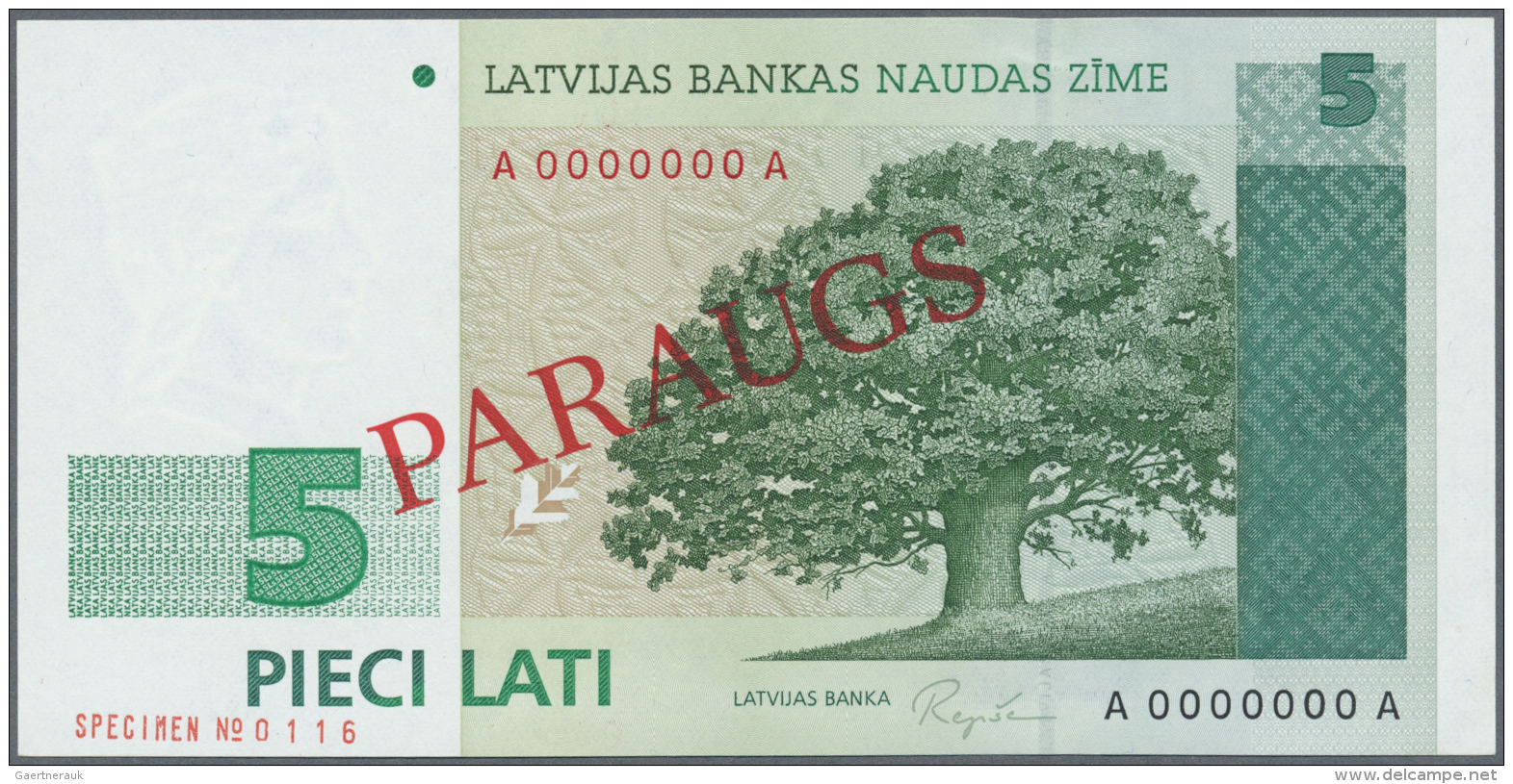 Latvia /Lettland: 5 Lati 1992 SPECIMEN P. 43s, Series A, Zero Serial Numbers, Sign. Repse In Condition: UNC. - Lettonie