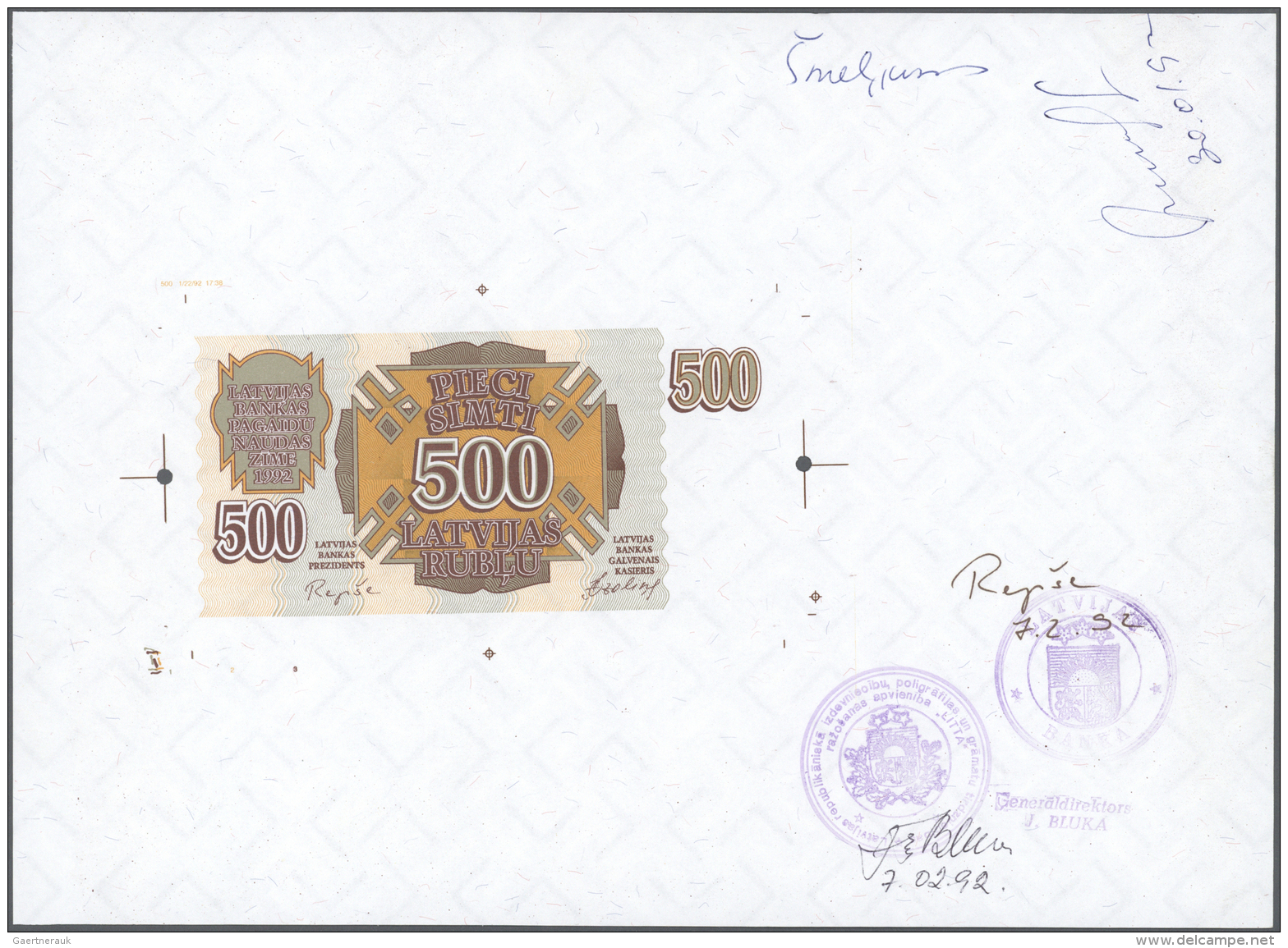 Latvia /Lettland: Rare Proof Print Of 500 Rublis 1992 P. 42p On Large Printers Sheet With Watermark In Paper, With 3 Sig - Lettonie