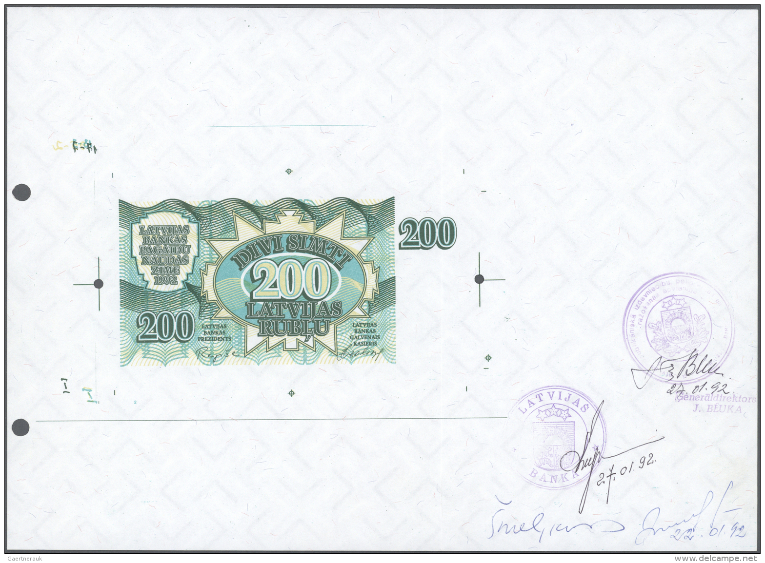 Latvia /Lettland: Rare Proof Print Of 200 Rublis 1992 P. 41p On Large Printers Sheet With Watermark In Paper, With 3 Sig - Lettonie