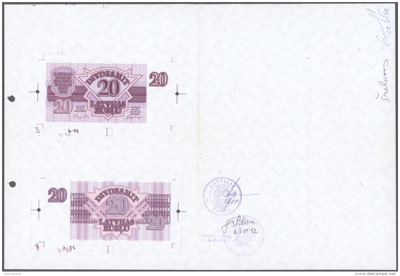 Latvia /Lettland: Rare Set Of Front And Back Proof Print (seperately Printed) Of 20 Rublu 1992 P. 39p On Large Printers - Lettonie