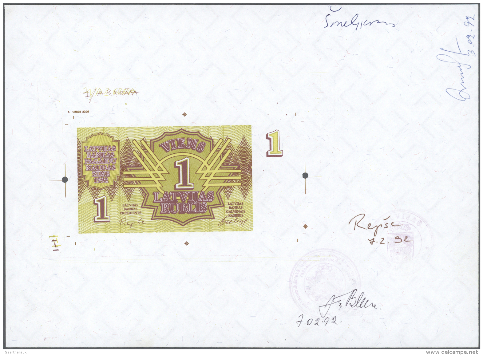 Latvia /Lettland: Rare Proof Print Of 1 Rublis 1992 P. 35p On Large Printers Sheet With Watermark In Paper, With 3 Signa - Lettonie