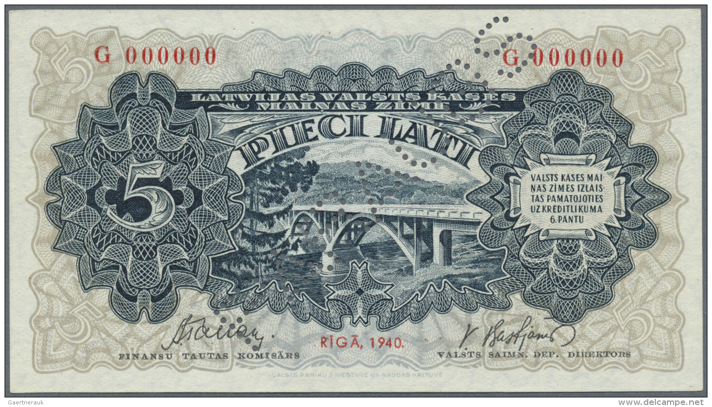 Latvia /Lettland: Unique SPECIMEN Of 5 Lati 1940 P. 34ds, Series G, Zero Serial Numbers With PARAUGS Perforation, Only K - Lettonie