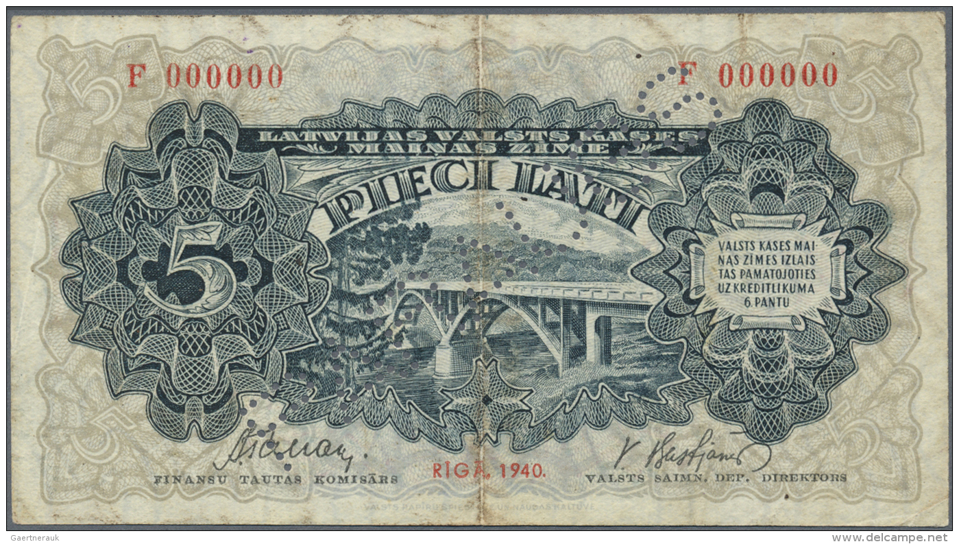 Latvia /Lettland: Unique SPECIMEN Of 5 Lati 1940 P. 34ds, Series F, Zero Serial Numbers With PARAUGS Perforation, Only K - Lettonie