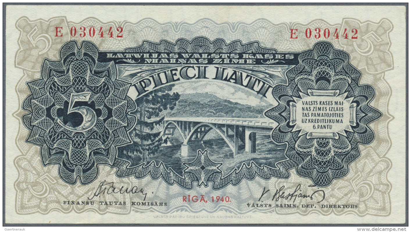 Latvia /Lettland: 5 Lati 1940 P. 34c, Latvian Govenment Exchange Note, Series E, Sign. Tabaks, Very Light Bend, Crisp Pa - Lettonie