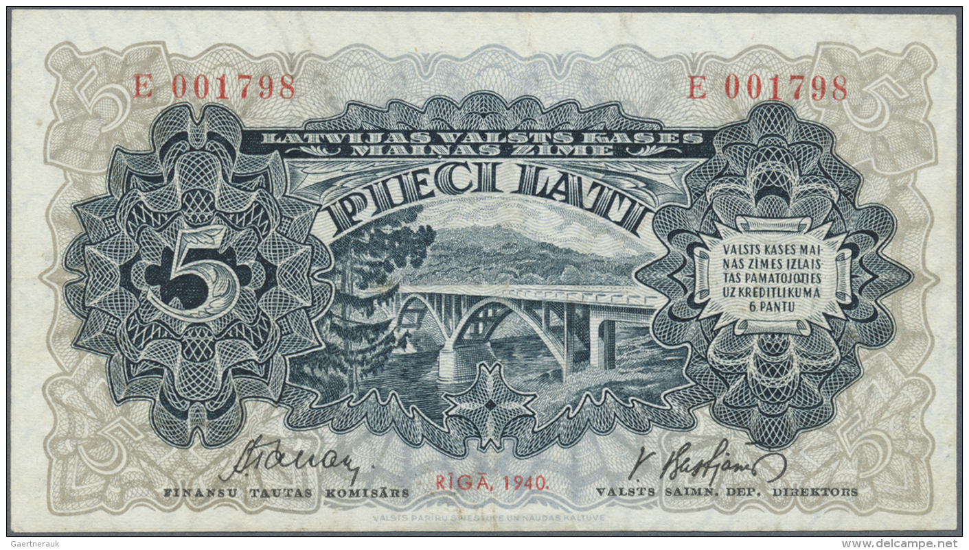 Latvia /Lettland: 5 Lati 1940 P. 34c, Latvian Govenment Exchange Note, Series E, Sign. Tabaks, Very Light Center Fold, C - Lettonie