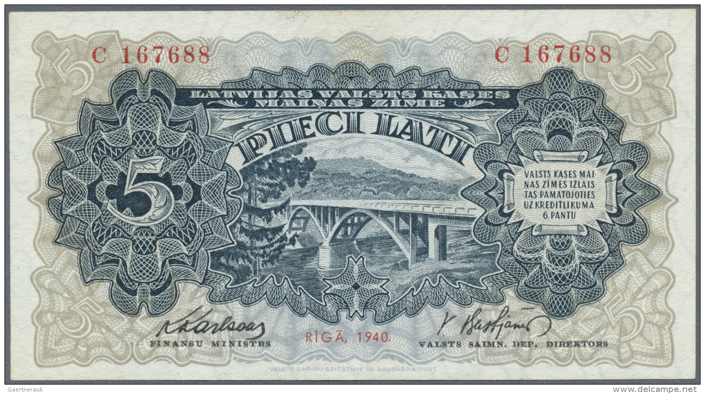 Latvia /Lettland: 5 Lati 1940 P. 34a, Latvian Govenment Exchange Note, Series C, Sign. Karlsons, 3 Light Vertical Folds - Lettonie