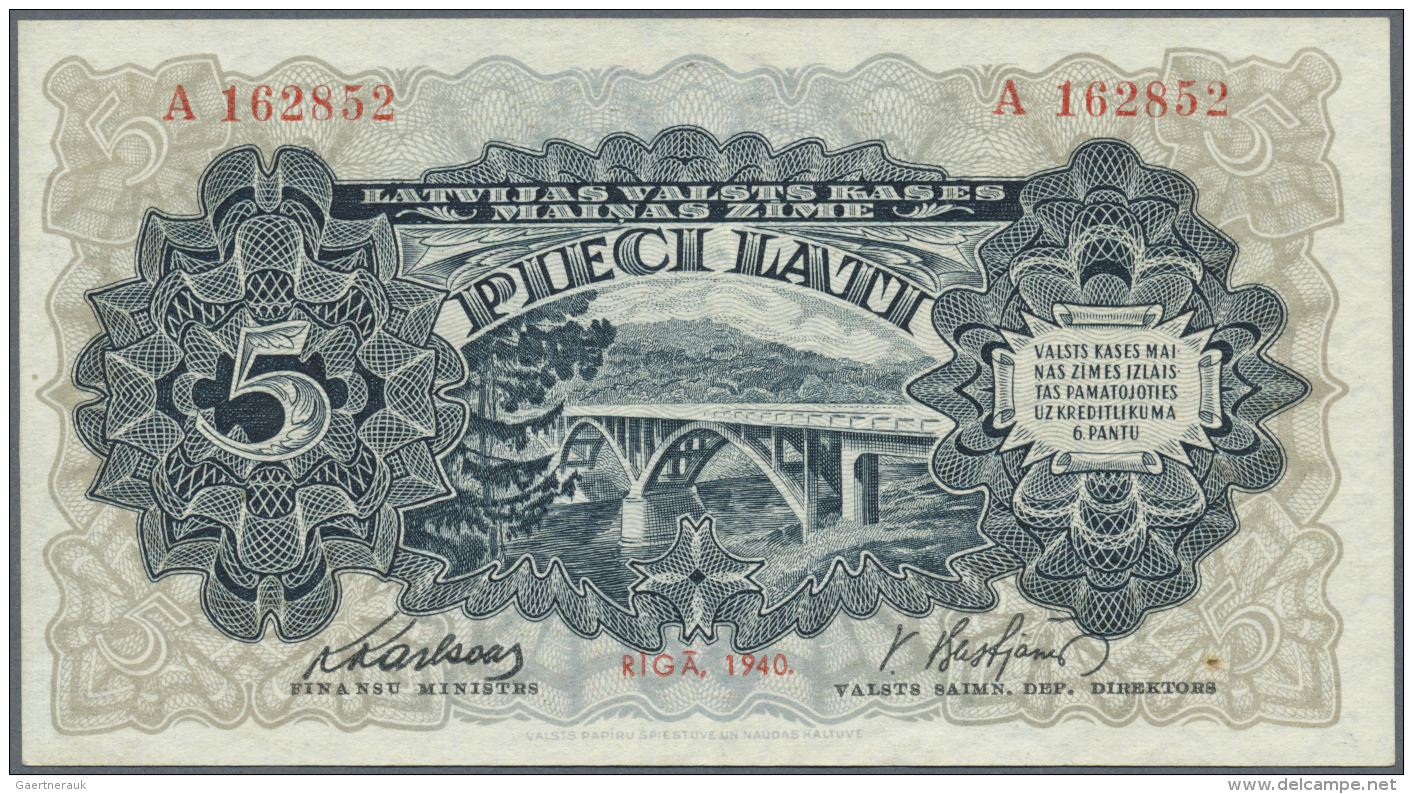 Latvia /Lettland: 5 Lati 1940 P. 34a, Latvian Govenment Exchange Note, Series A, Issued Note, Sign. Karlsons, With Cente - Lettonie