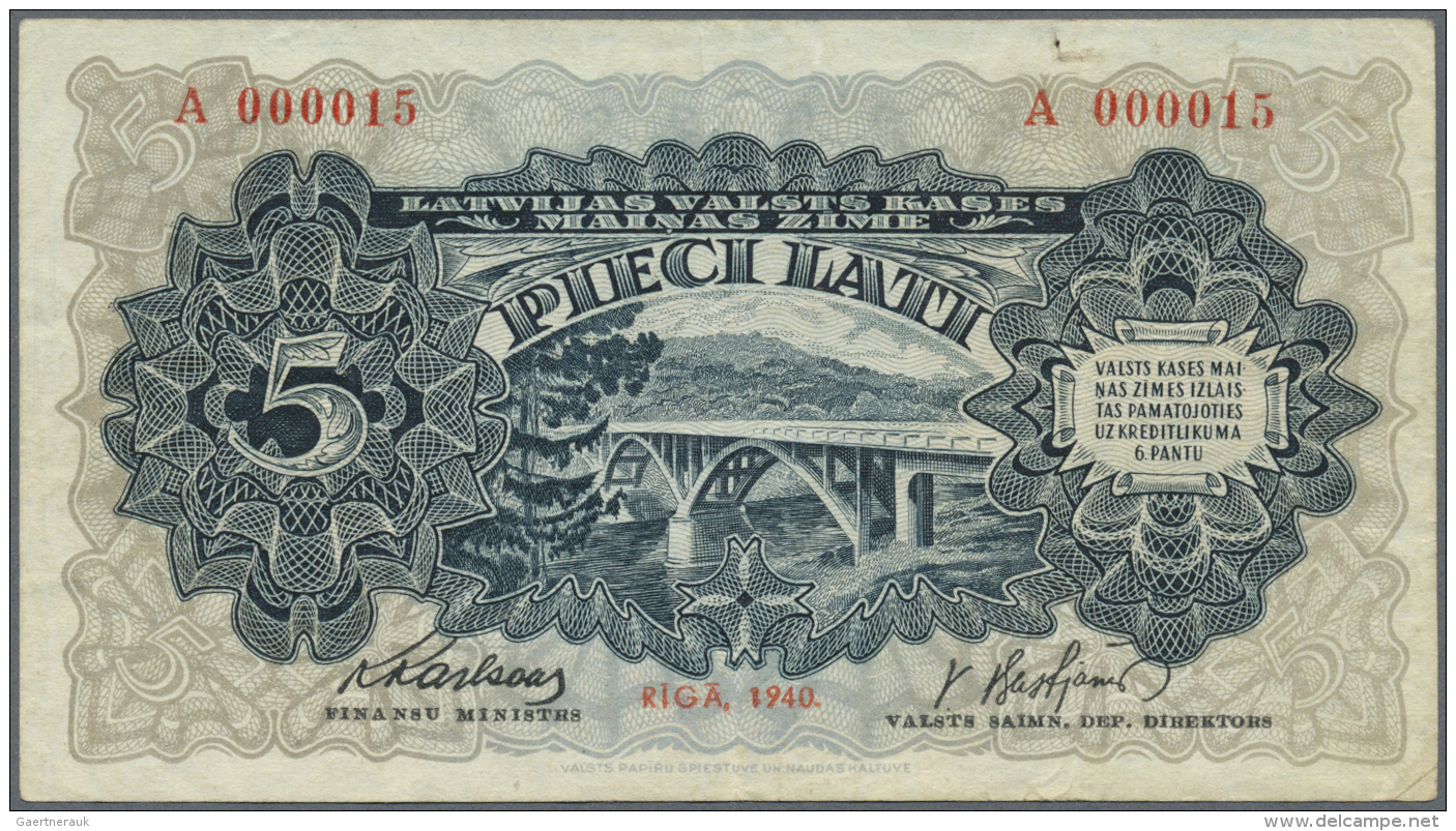 Latvia /Lettland: 5 Lati 1940 P. 34a, Latvian Govenment Exchange Note, Series A, Low Serial #A000015, 15th Ever Issued N - Lettonie