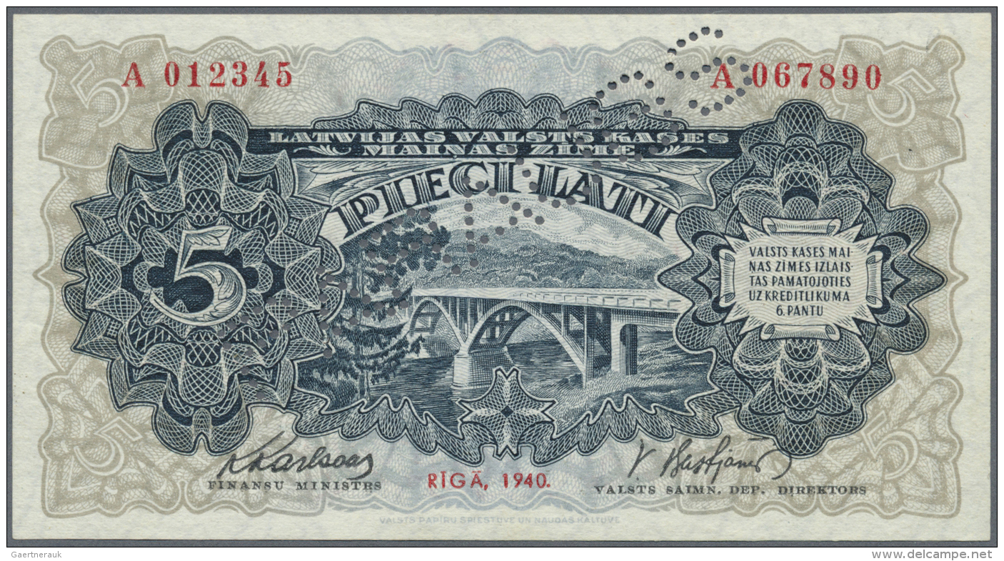 Latvia /Lettland: 5 Lati 1940 SPECIMEN P. 34as, Latvian Govenment Exchange Note, Series A, Specimen Serial Number A01234 - Lettonie