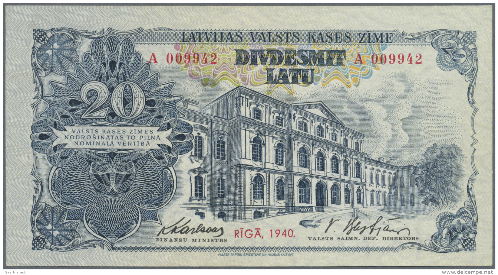 Latvia /Lettland: Rare Banknote 20 Latu 1940 P. 33, Issued Note, Series A, Sign. Karlsons, In Crisp Original Condition: - Lettonie