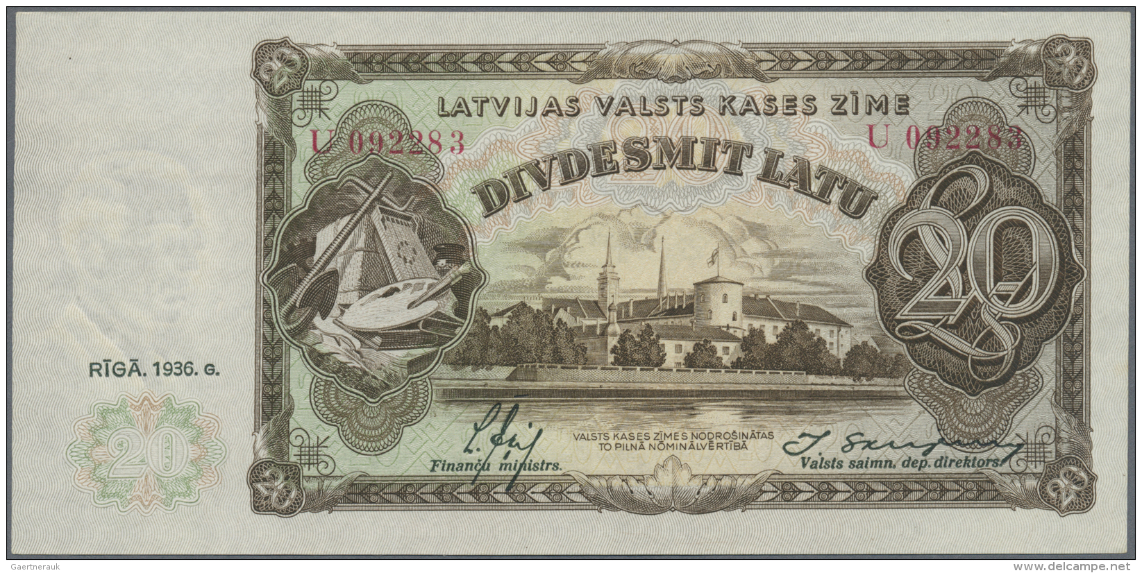 Latvia /Lettland: 20 Latu 1936 P. 30, Series U, Sign. Ekis, In Crisp Original Condition: UNC. - Lettonie