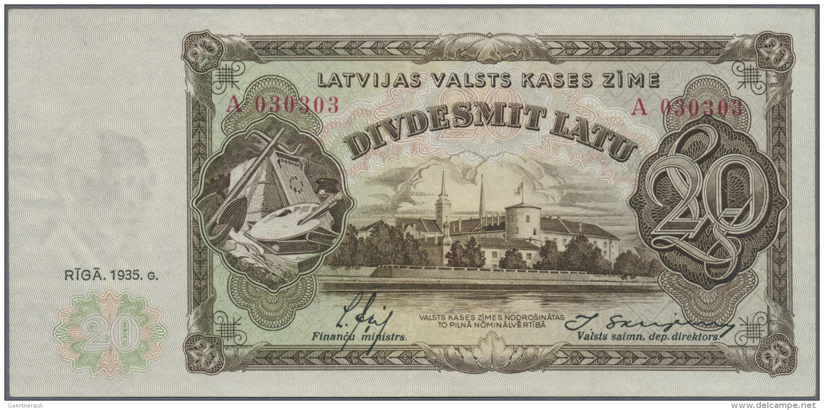 Latvia /Lettland: 20 Latu 1935 P. 30a, Series A, Serial #030303 Repeater, Sign. Ekis, Light Center Fold And Handling In - Lettonie