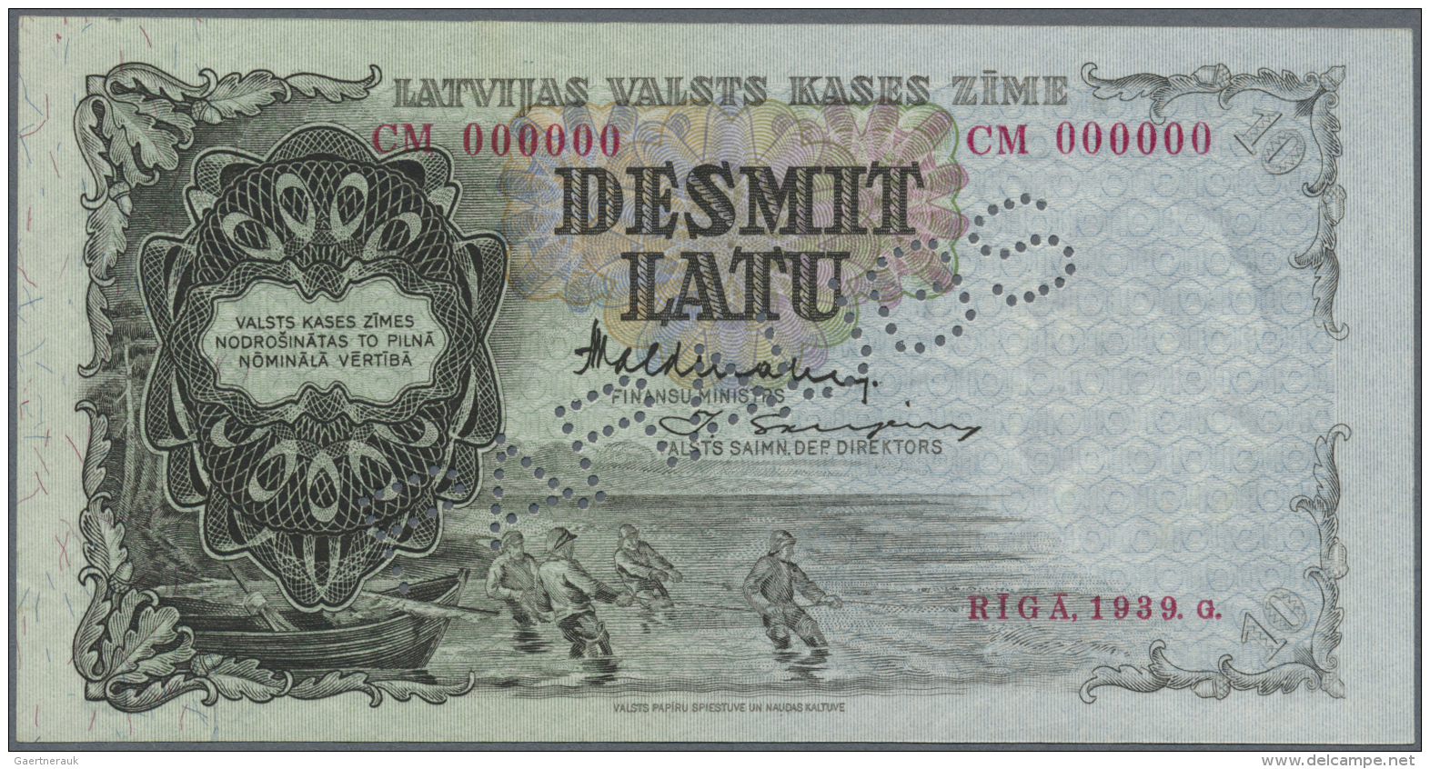 Latvia /Lettland: 10 Latu 1939 SPECIMEN P. 29ds, Series CM, Sign. Valdmanis, Perforated PARAUGS, Zero Serial Numbers, In - Lettonie