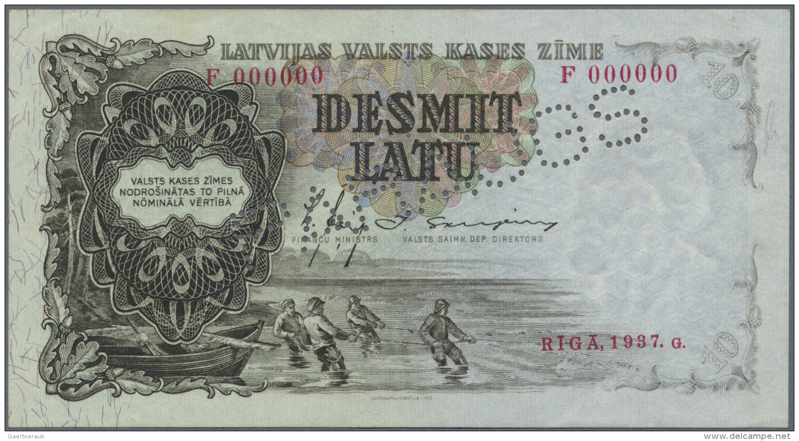 Latvia /Lettland: 10 Latu 1937 SPECIMEN P. 29as, Series F, Zero Serial Numbers, PARAUGS Perforation, Sign. Ekis, Light C - Lettonie