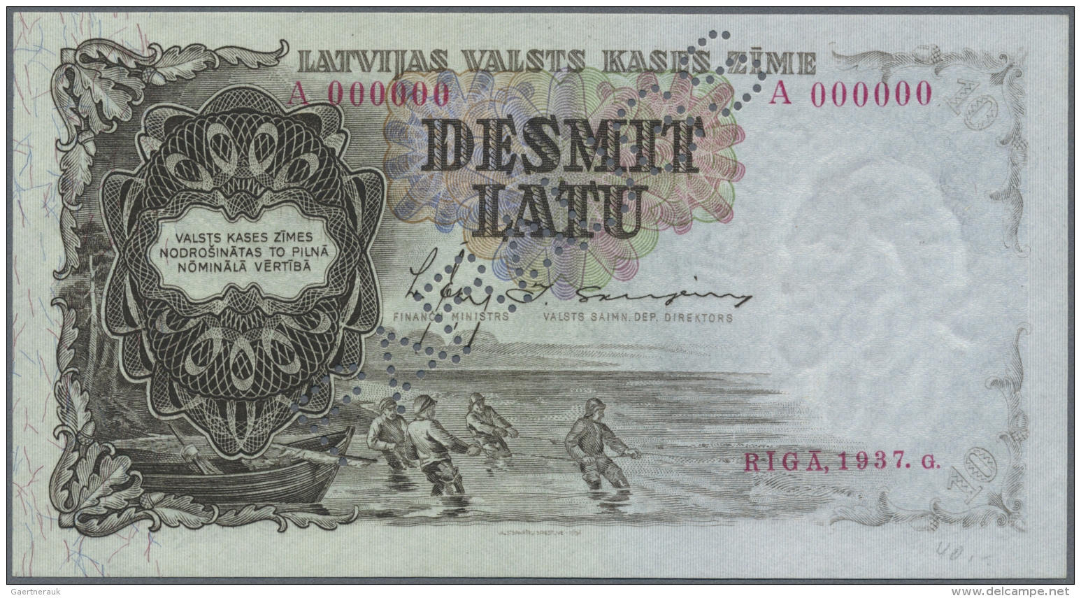 Latvia /Lettland: 10 Latu 1937 SPECIMEN P. 29as, Series A, Zero Serial Numbers, PARAUGS Perforation, Sign. Ekis, In Cris - Lettonie