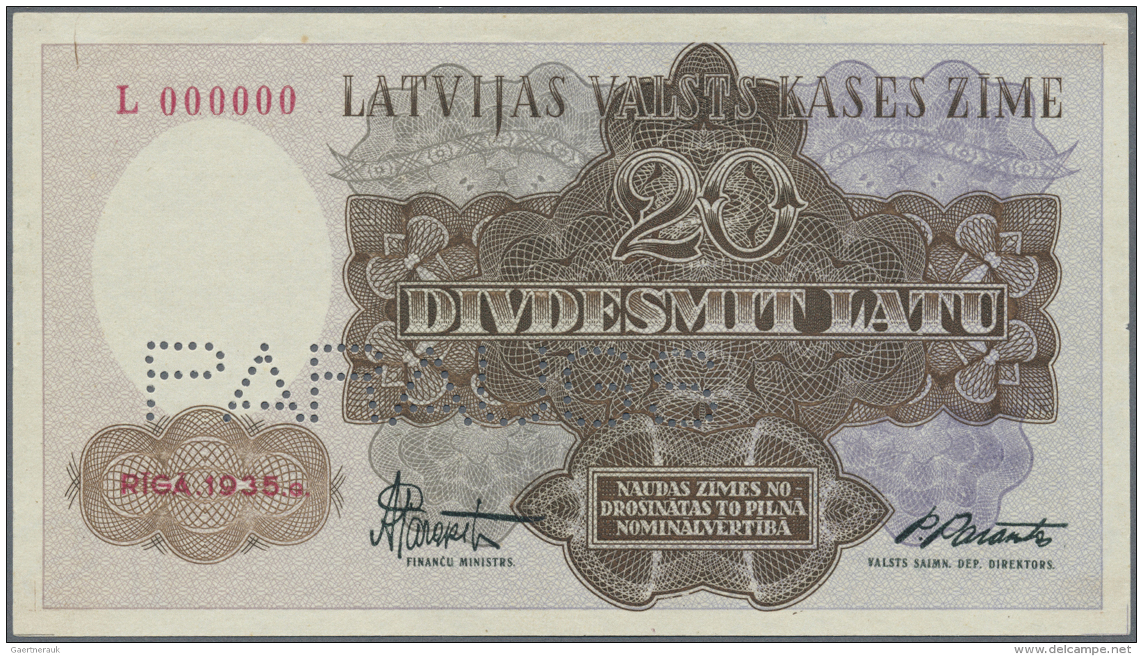 Latvia /Lettland: Highly Rare Unadopted Design 20 Latu 1935 P. 26s, Front And Back Seperatly Printed On Watermarked Pape - Lettonia