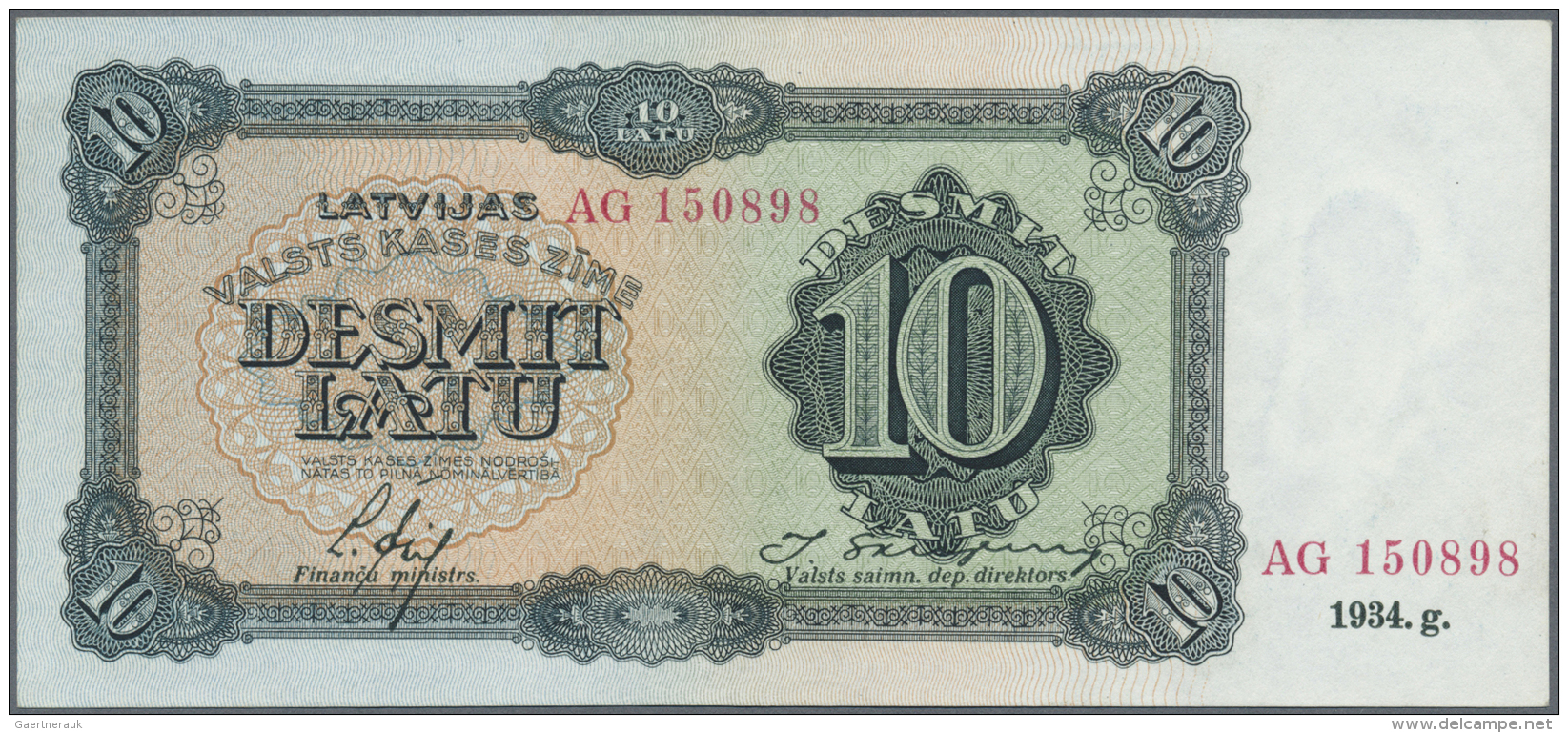 Latvia /Lettland: 10 Latu 1934 P. 25f, Issued Note, Series AG, Sign. Ekis, One Light And Hard To See Corner Bend At Uppe - Lettonie