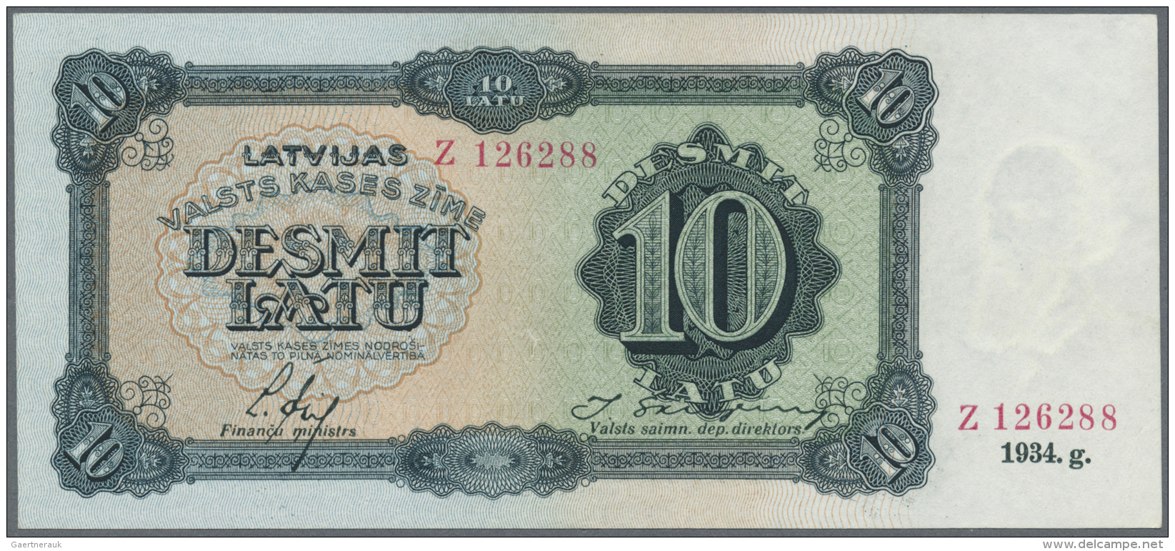 Latvia /Lettland: 10 Latu 1934 P. 25e, Issued Note, Series Z, Sign. Ekis, Light Center Fold, Otherwise Crisp Paper And O - Lettonia